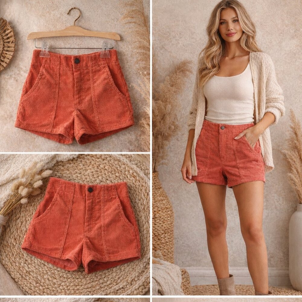 Coral Corduroy High-Waisted Shorts | Retro Vintage Style | Size Small/27